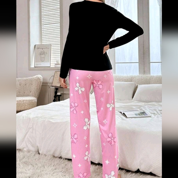Bow Print Round Neck Long Sleeve Pajama Set For Women - Picture 4 of 4